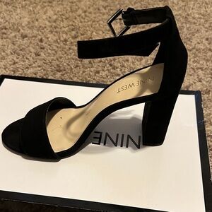 Nine West Black Suede Block Heel Sandals with Ankle Strap